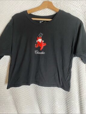 Kewpie Chaotic Black Cropped Graphic Tee with Red Devil Motif